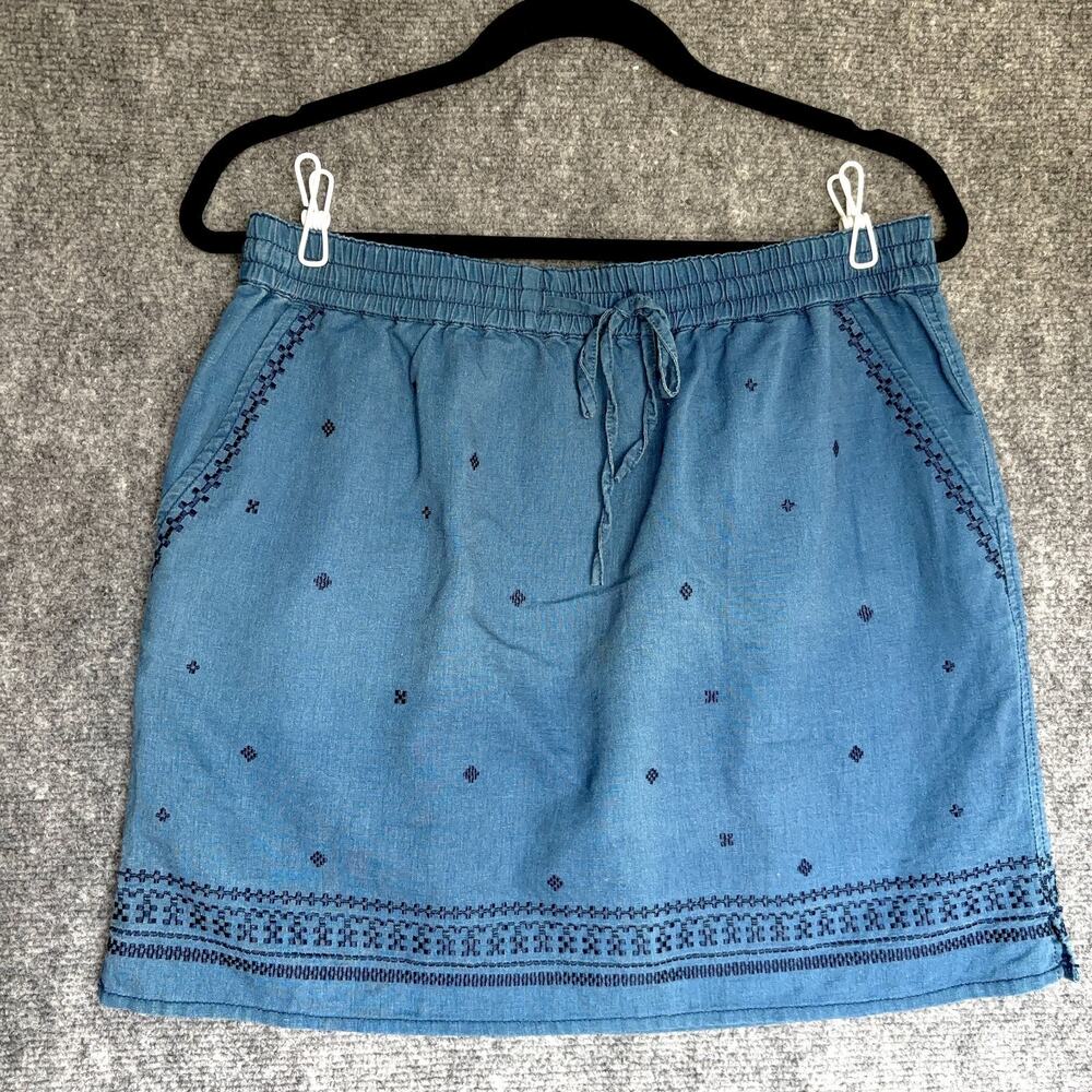 J. Crew Linen Cotton Blend Mini Skirt Blue Embroidered Boho Elastic Waist Small